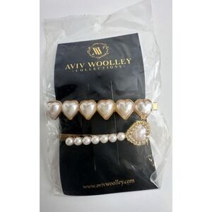 Aviv Woolley Gold Heart & Pearl Hair Clips Set of 2 Bridal Wedding Formal J-01